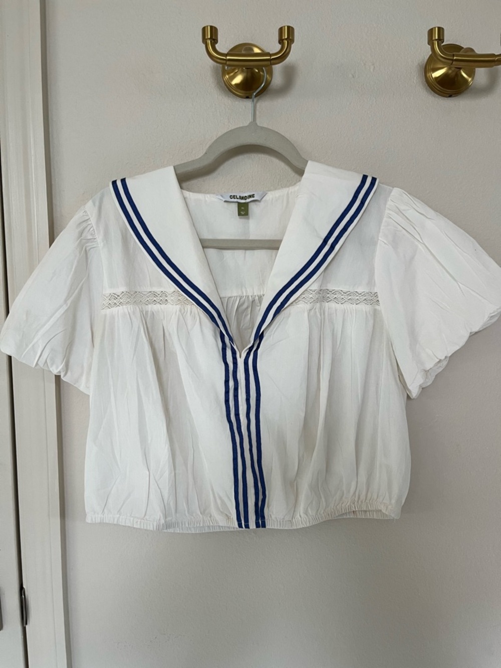 Celandine for Anthropolgie White Sailor Collar Top with Blue Trim size XL